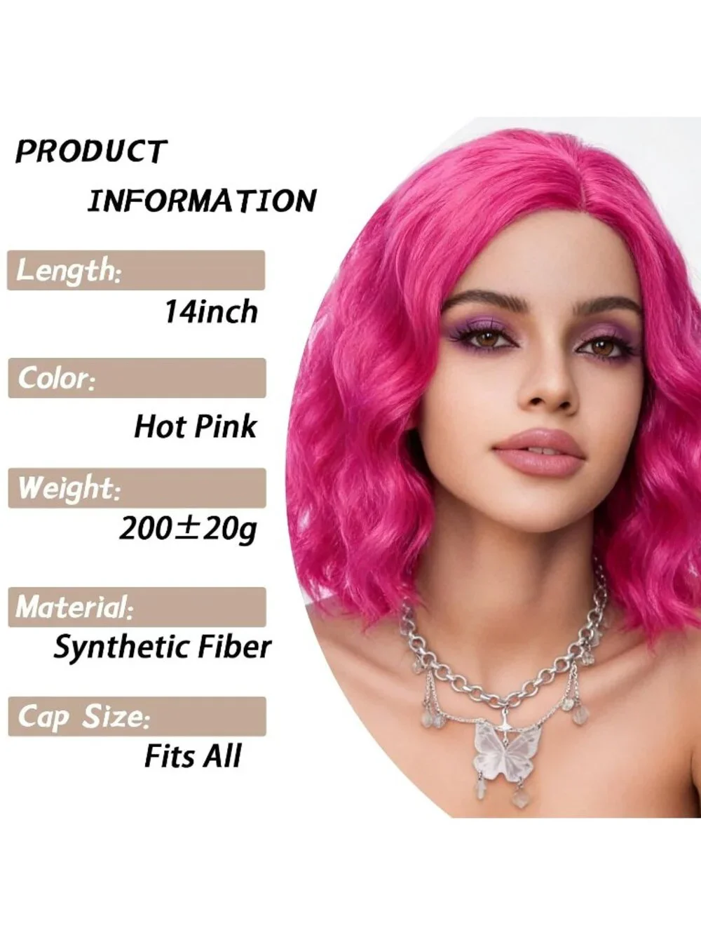 Women's 14 Inch Hot Pink Wavy Bob Wig Short Curly Synthetic Heat Resistant